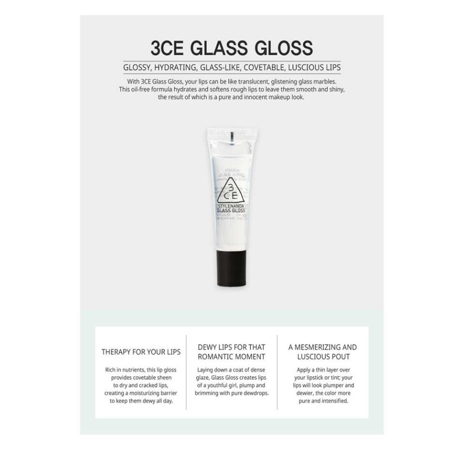 Son Bóng Dưỡng Môi, Giữ Ẩm, Căng Bóng 3CE Glass Gloss (12.5g) 