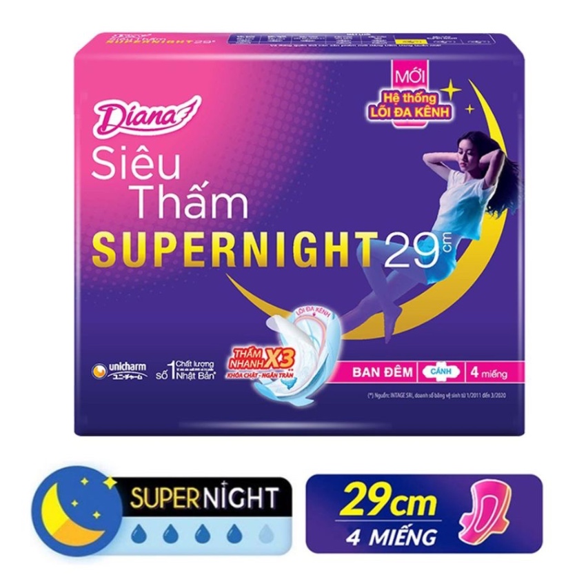 Băng Vệ Sinh Diana Super Night Ban Đêm (Gói 4 Miếng 29cm)