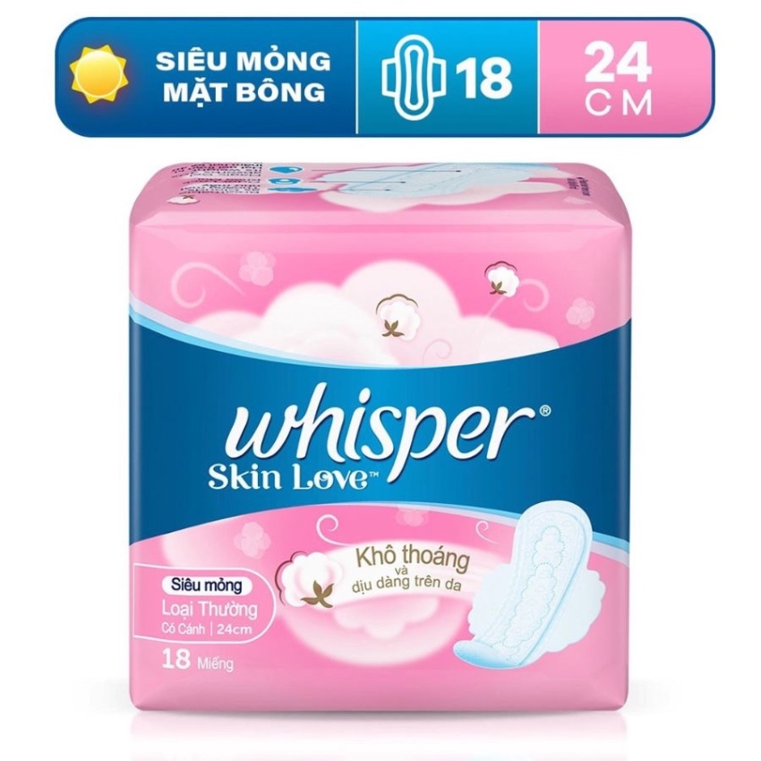 Băng Vệ Sinh Siêu Mỏng Cánh Ban Ngày Whisper Skin Love (Bịch/18 Miếng/24cm)