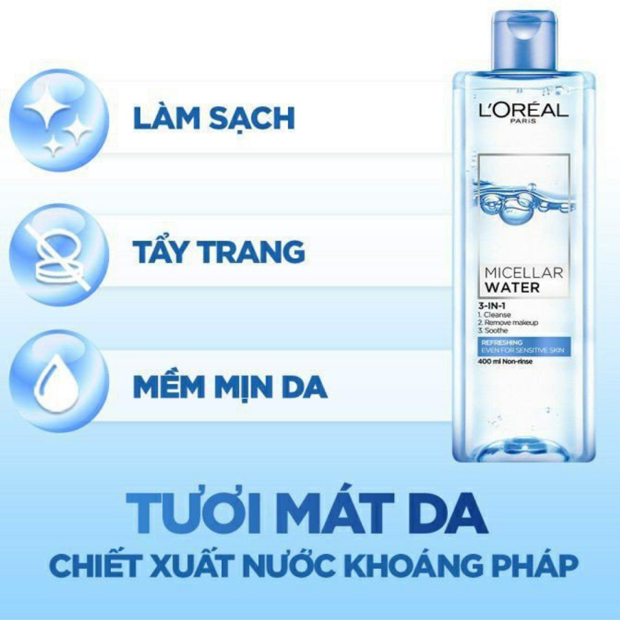 Nước Tẩy Trang Tươi Mát Cho Da Dầu, Hỗn Hợp L'Oréal Micellar Water 3-in-1 Refreshing Even For Sensitive Skin (95ml) 