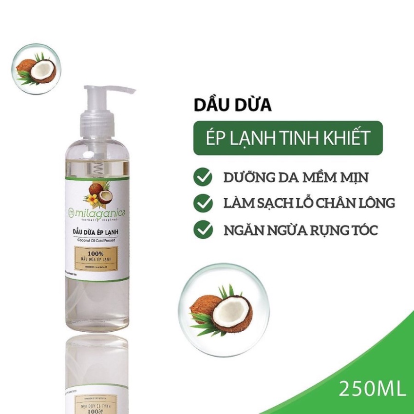 Dầu Dừa Tinh Khiết Dưỡng Da Milaganics Cold Pressed Extra Virgin Coconut Oil (250ml)