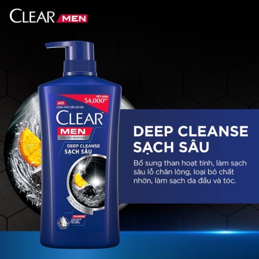 Dầu Gội Clear Men Deep Cleanse Với Carbon Hoạt Tính và Tinh Chất Vỏ Cam (650g)