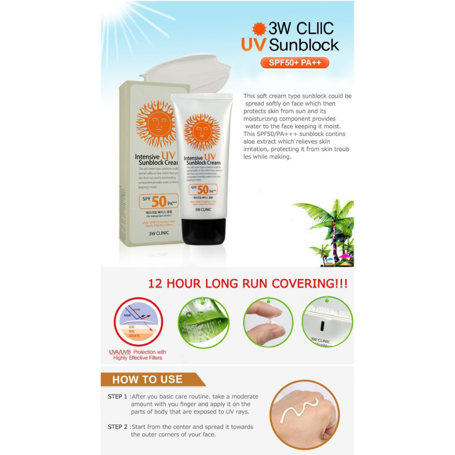 Kem Chống Nắng 3W Clinic Intensive UV Sunblock Cream SPF 50 PA+++ (70ml) 