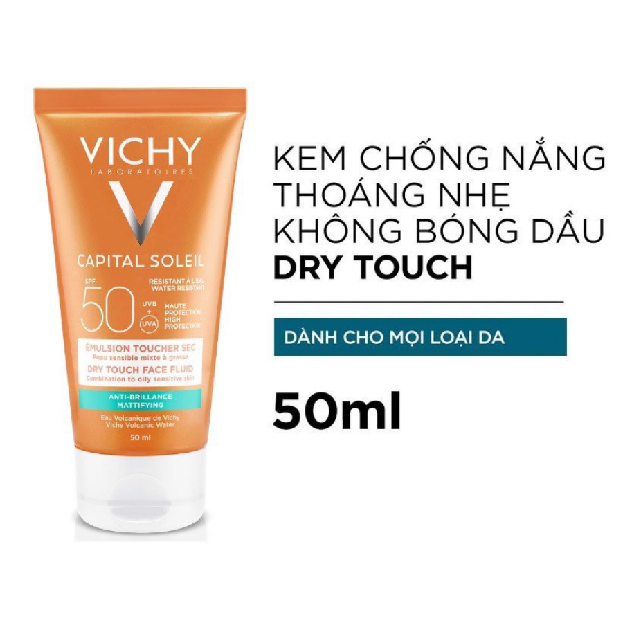 Kem Chống Nắng Không Nhờn Rít Cho Da Hỗn Hợp & Nhạy Cảm Vichy Idéal Soleil Mattifying Dry Touch Face Fluid SPF50 UVB + UVA (50ml)