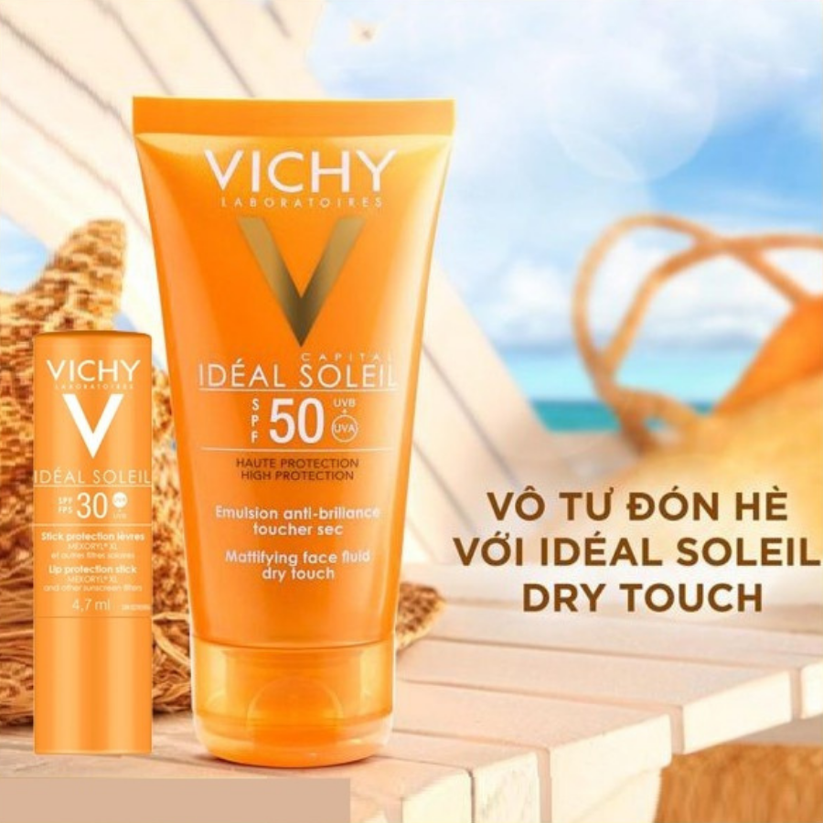 Kem Chống Nắng Bảo Vệ Da Mặt, Không Gây Nhờn Rít Vichy Ideal Soleil (50ml) + Tặng Kèm Son Dưỡng Môi Vichy 