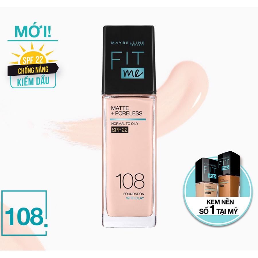 Kem Nền Siêu Mịn, Kiềm Dầu và Chống Nắng Maybelline Fit Me Matte Poreless Foundation #108 Light Porcelain (30ml) 