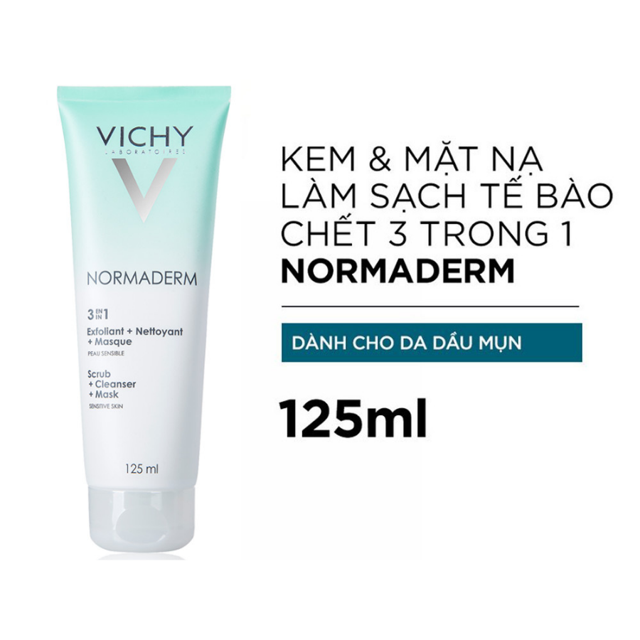 Sữa Rửa Mặt / Mặt Nạ Tẩy Tế Bào Chết Cho Da Dầu Và Mụn Vichy Normaderm 3in1 Scrub + Cleanser + Mask (125ml) 