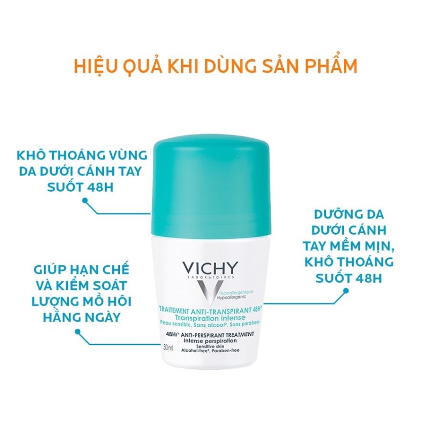 Lăn Khử Mùi Ngăn Mồ Hôi & Giúp Khô Thoáng Vùng Da Dưới Cánh Tay Vichy Antiperspirant 48H (50ml) 