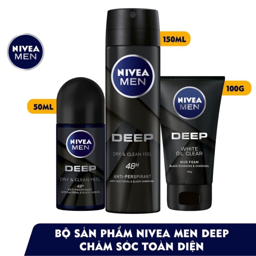Lăn Khử Mùi Than Hoạt Tính Hương Gỗ Đen Cho Nam Nivea Men Deep Dry & Clean Feel (50ml)