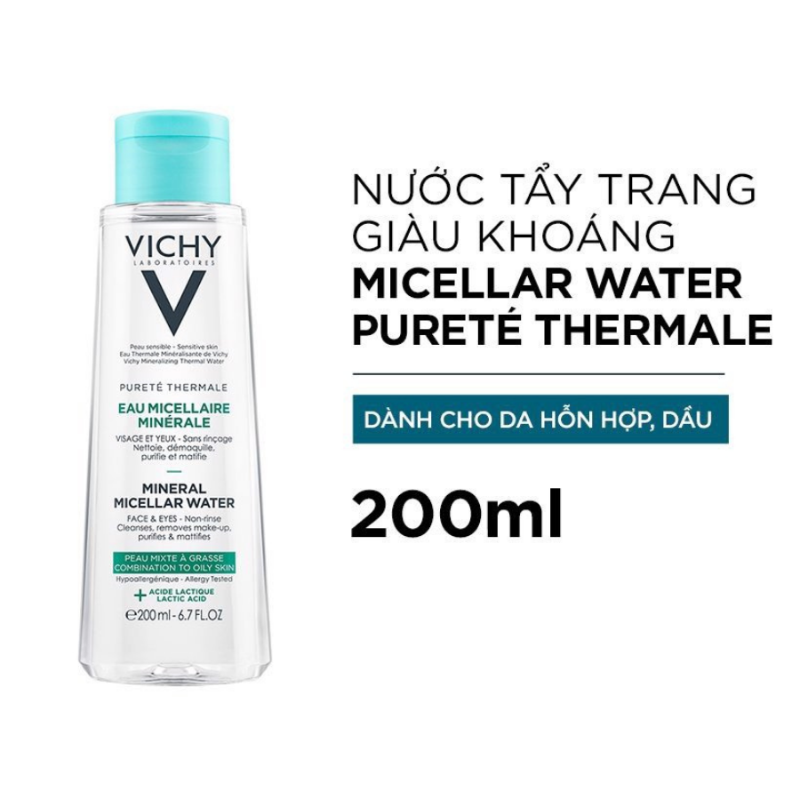Nước Tẩy Trang Giàu Khoáng Chất Cho Da Bóng Dầu & Hỗn Hợp Vichy Pureté Thermale Mineral Micellar Water For Combination To Oily Skin (200ml) 