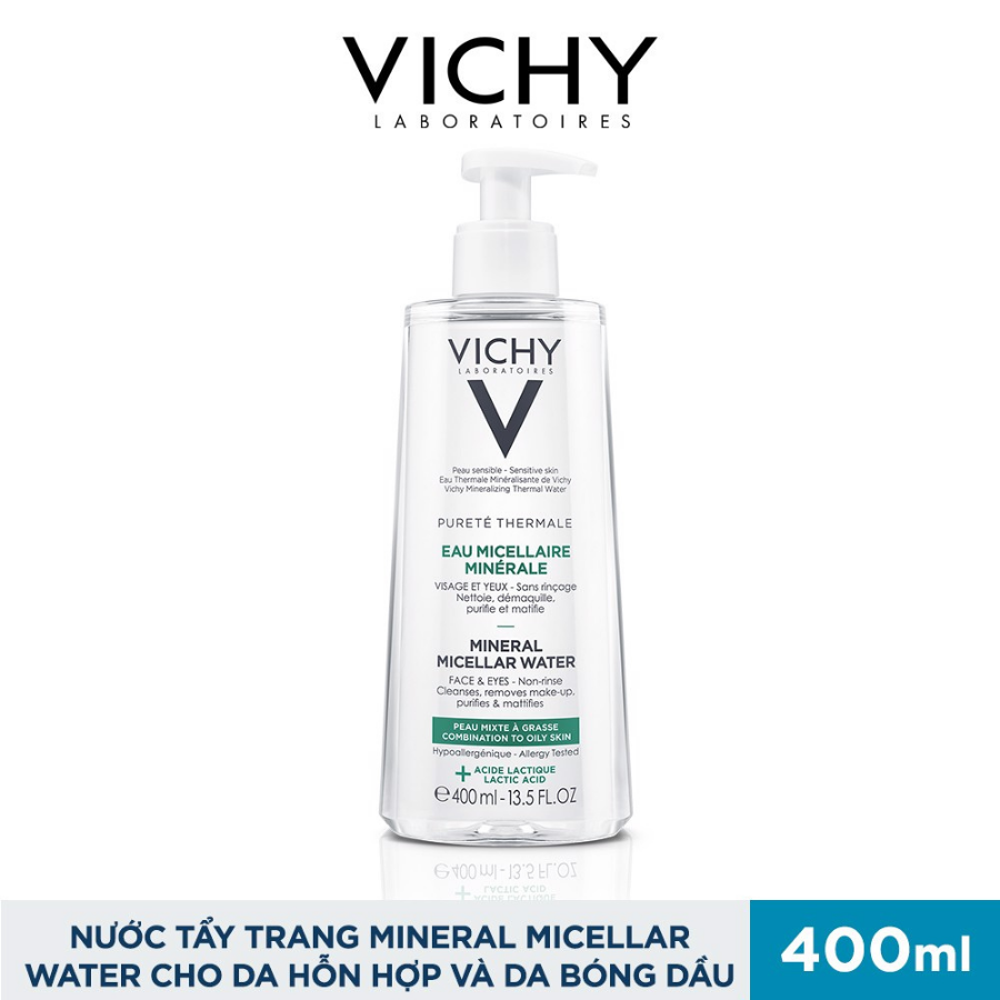 Nước Tẩy Trang Giàu Khoáng Chất Cho Da Bóng Dầu & Hỗn Hợp Vichy Pureté Thermale Mineral Micellar Water For Combination To Oily Skin (400ml) 