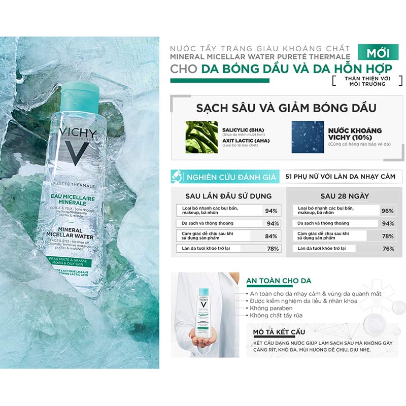 Nước Tẩy Trang Giàu Khoáng Chất Cho Da Bóng Dầu & Hỗn Hợp Vichy Pureté Thermale Mineral Micellar Water For Combination To Oily Skin (400ml) 