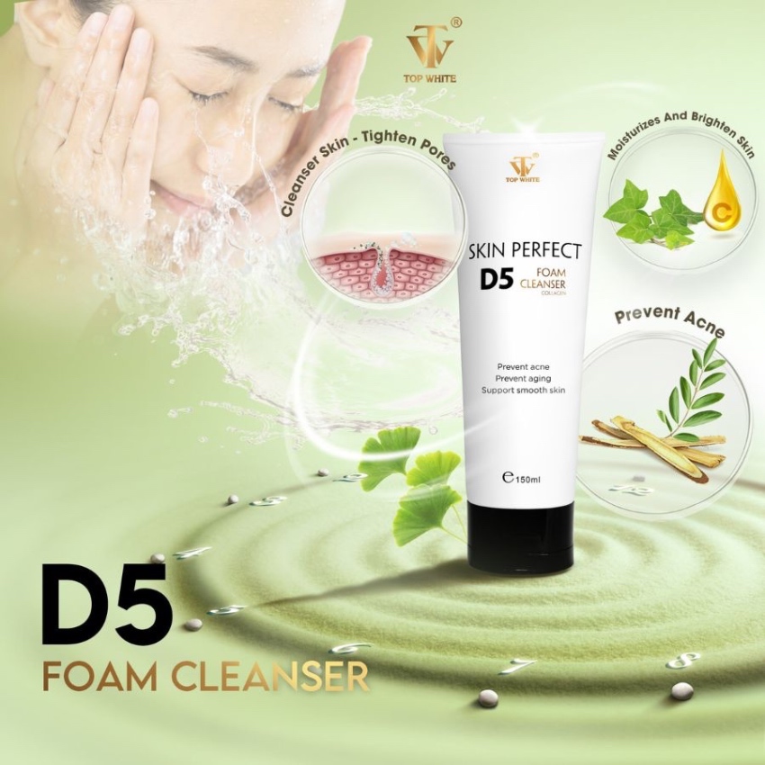 Sữa Rửa Mặt Ngừa Mụn Chống Lão Hóa Top White White Perfect Foam Cleanser Collagen D5 (150ml)