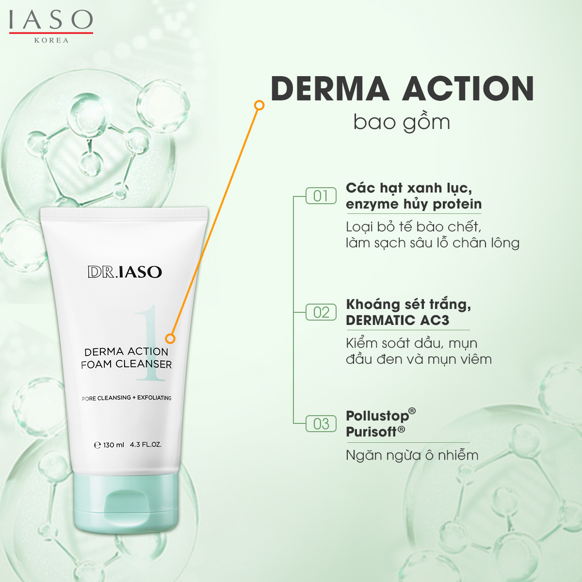 Sữa Rửa Mặt Tạo Bọt Tăng Cường Làm Sạch Dr.IASO Derma Action Foam Cleanser - D40 (130ml) 