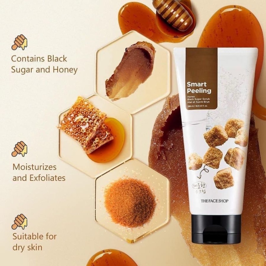 Tẩy Tế Bào Chết Mật Ong Đường Đen The Face Shop Smart Peeling Honey Black Sugar Scrub (120ml) 