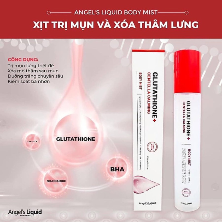 Xịt Giảm Mụn Xóa Thâm Toàn Thân Angel's Liquid Glutathione Centella Calming Body Mist (150ml)