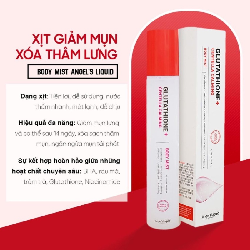 Xịt Giảm Mụn Xóa Thâm Toàn Thân Angel's Liquid Glutathione Centella Calming Body Mist (150ml)