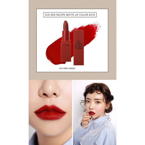 Son Lì 3CE Red Recipe Matte Lip Color - Màu 215 Ruby Tuesday - Đỏ Thẩm